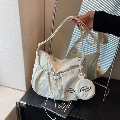 Chic Nylon Crossbody Bag Casual Drawstring Messenger Bag with Detachable Pouch, Adjustable Strap Shoulder Purse for Daily Travel