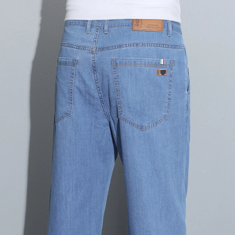 Classic Style Summer Men's Light Blue Thin Straight Jeans Business Casual Stretch Denim Pants Male Brand Loose Trousers