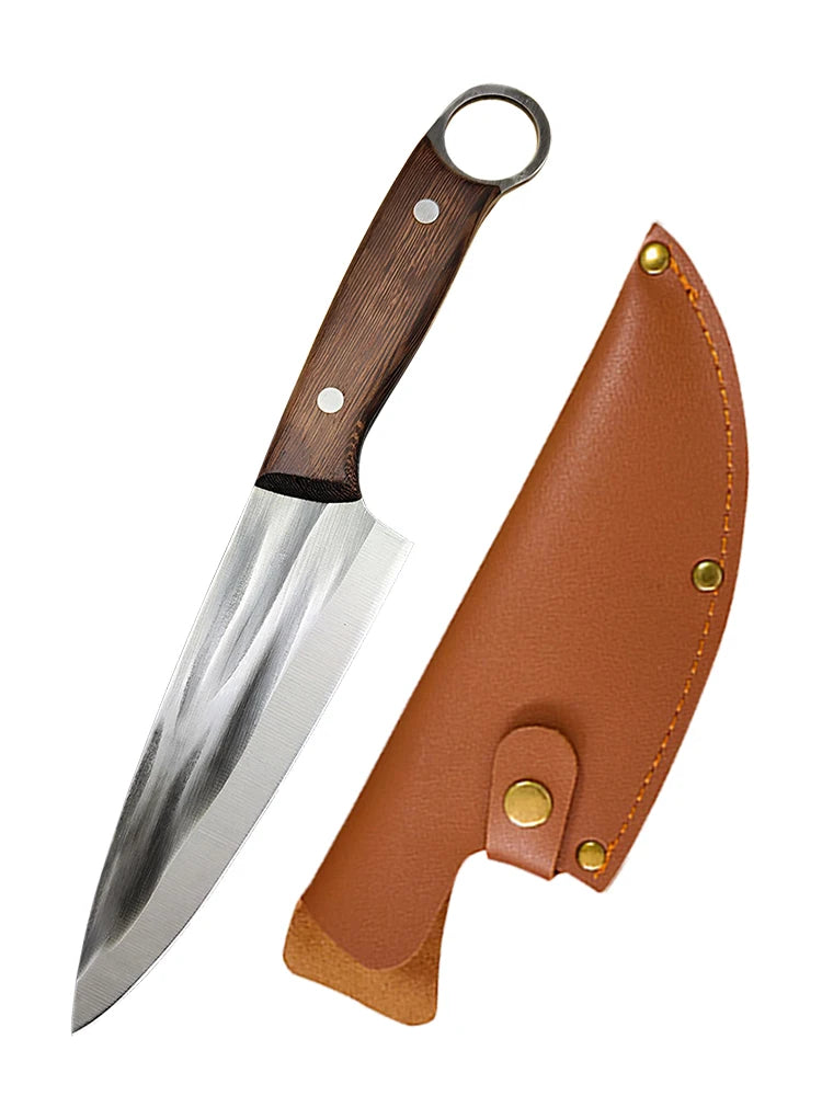Kitchen Chef Knife with Sheath Meat Cleaver Boning Slicing Sushi Fish Beef Cutting, Wood Handle ﻿