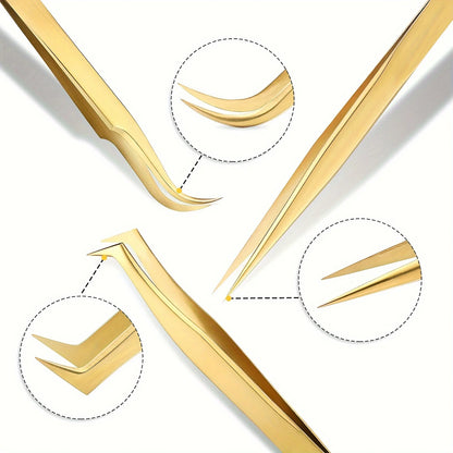 High Precision Eyelashes Tweezers Set - Includes 3 Stainless Steel Eyelash Tweezers for Makeup Classic Individual and Lash Exten