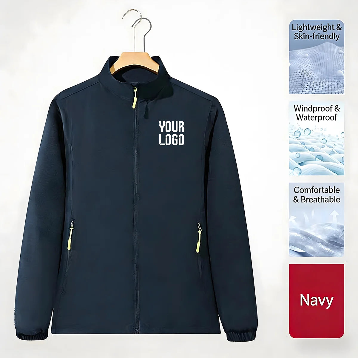 Stand collar zipper outdoor windbreaker, unisex UV-resistant waterproof jacket, customizable LOGO