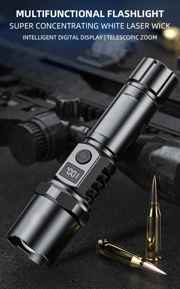 10000LM High Power LED Flashlight Long-range USB C Rechargeable Flashlight Power Display Zoom Lantern For Outdoor Camping Torch