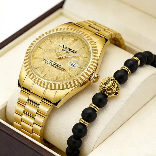 Luxury men's steel band watch calendar embossed atmosphere trend gold business quartz watch 2-piece set lion bracelet watch