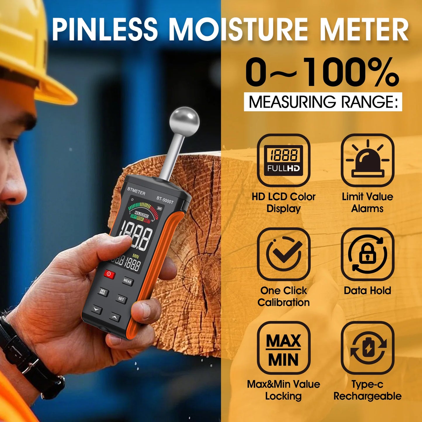 BTMETER Wood Moisture Meter - Pinless Moisture Detector Measur Depth 20-40mm Non-Destructive Moisture Tester with Masonry