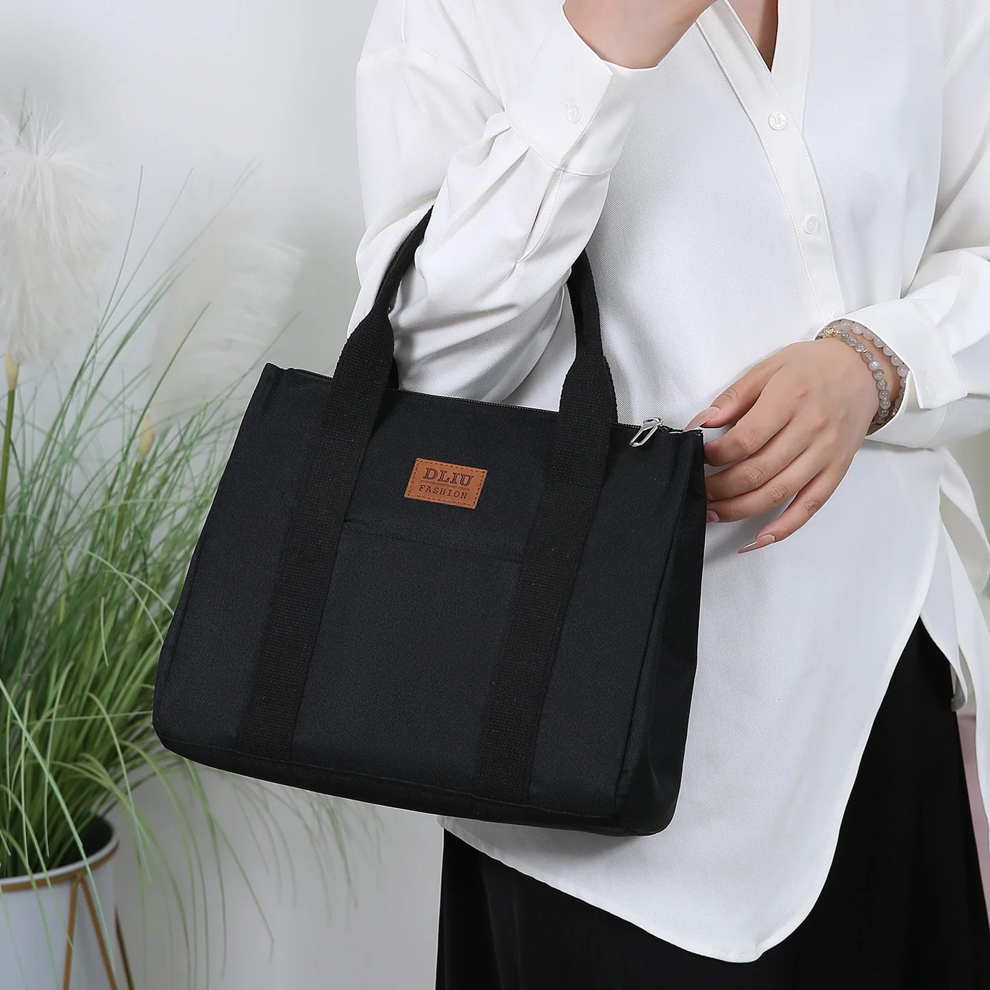 Solid Color Lunch Bag, Tote Bag with Foil Inner Zipper Closure Large Capacity Portable, Work, School, Utility Bag with Meals
