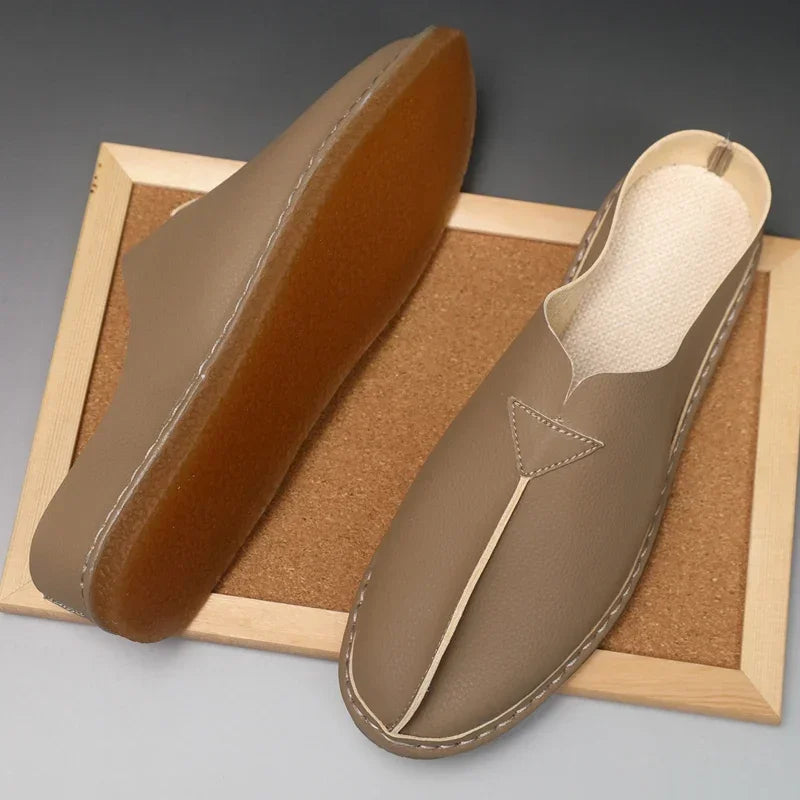 Fashion Leather Men Casual Shoes Slip on Man Loafers Breathable Soft Half Slippers Summer Flats Lightweight Lazy Driving Shoes