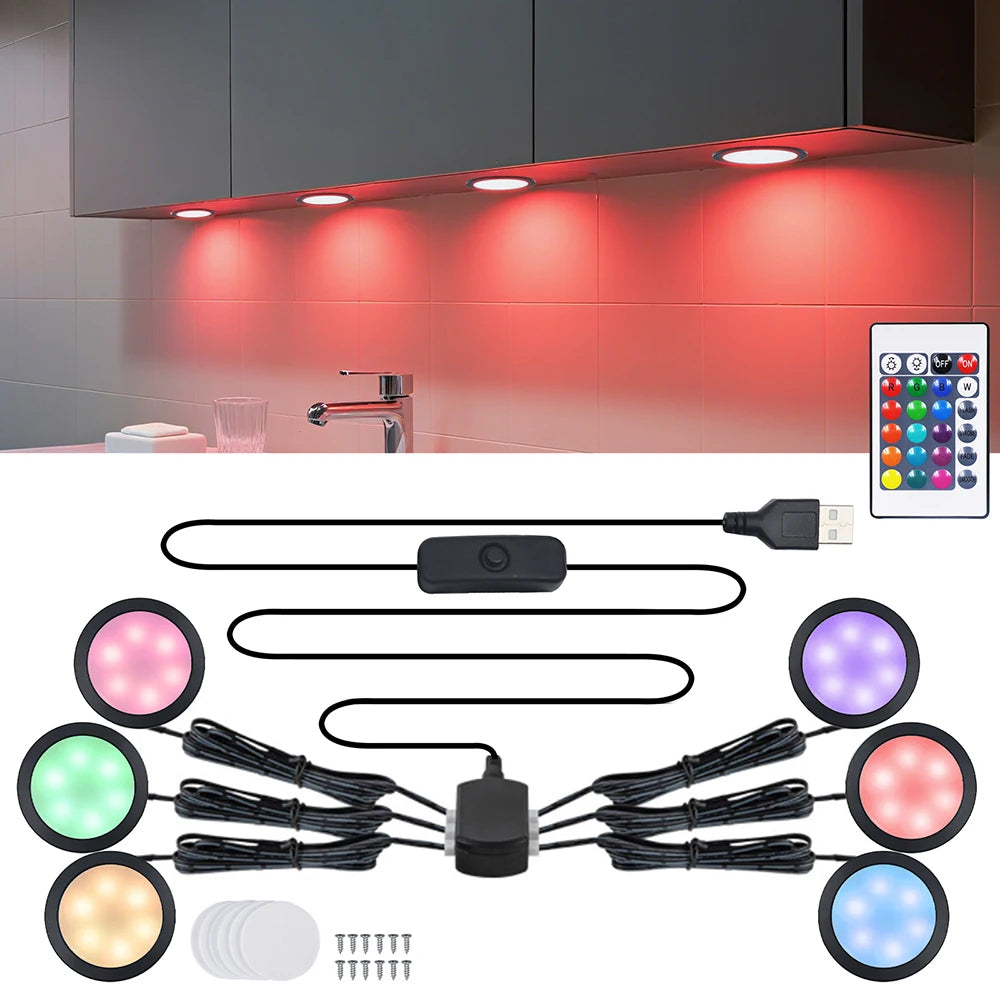 24Key Remote RGB Under Cabinet Light 5V USB Switch 1 2 4 6 Lights Kit Slim Lamp for Kitchen Display Case Home Bar Desk Accent