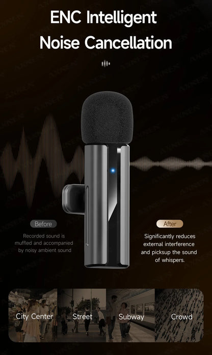 2-in-1 Wireless Lavalier Microphone for iPhone Android, Mini Pro Lapel Mic with Noise Reduction & Pickup for Vlog Live Recording