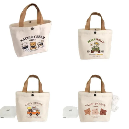 Little Bear Canvas Bag, Female Printed Versatile, Student Portable, Office Handbag, Bento Bag, Handbag, Sail Bag