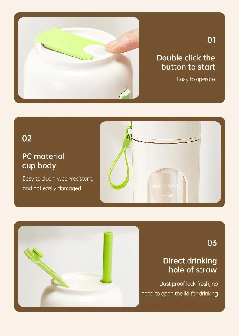 Portable Electric Juicer Cup 350mL for Smoothies Shaved Ice Juices12 Blade Stainless Steel Blender with Wireless Charging