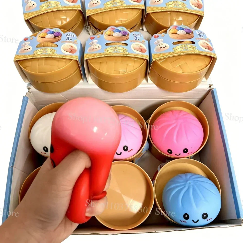 Colorful Dumpling Squishes Stress Balls Fidget Sensory Toys Simulation Food Squishies Bun with Steamer Squeeze Dough Ball Gifts