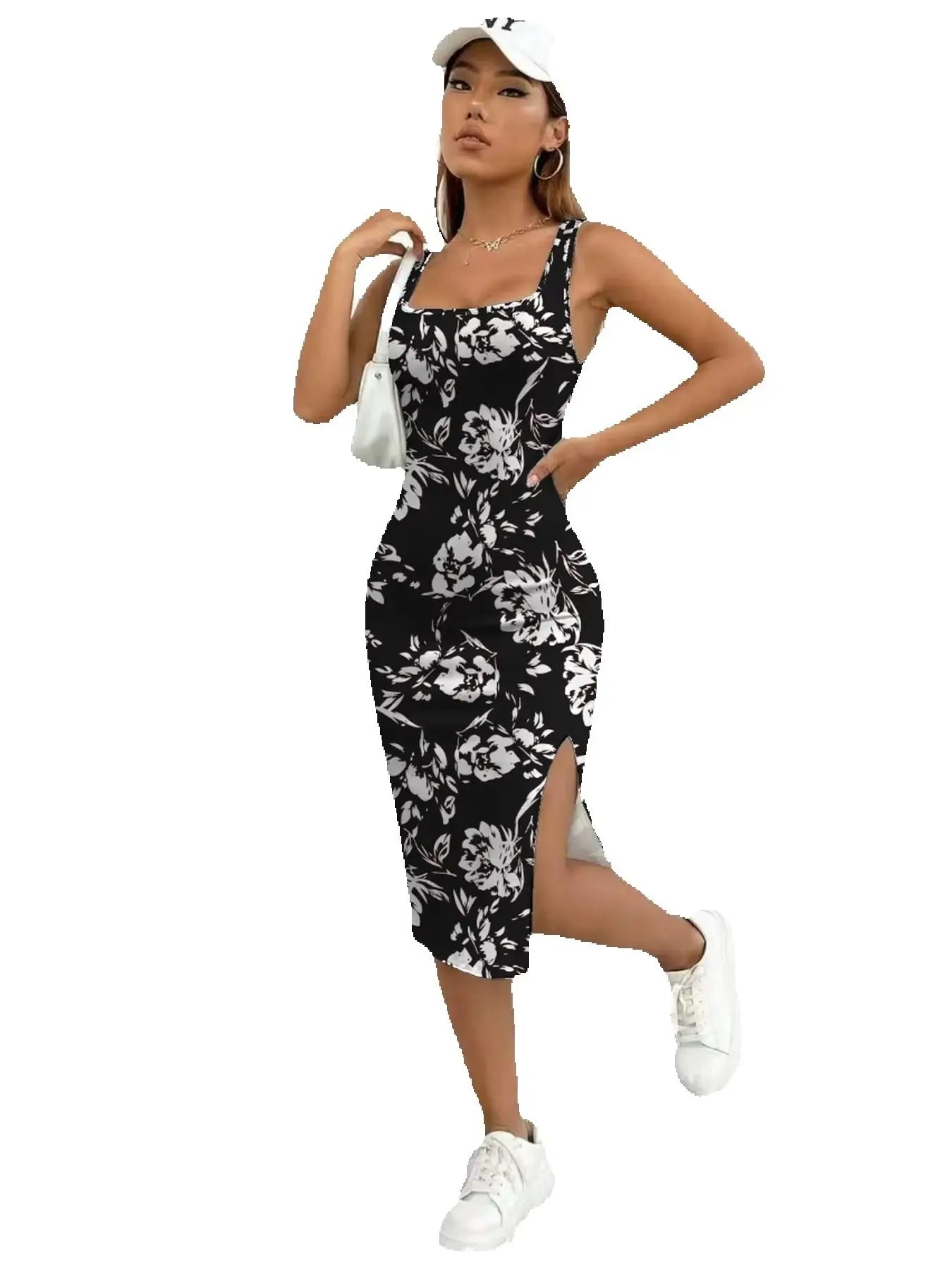 Women's Summer Casual Elegant Comfortable Square Neck Geometric Pattern Floral Pattern Slit Dress Mid Length Skirt