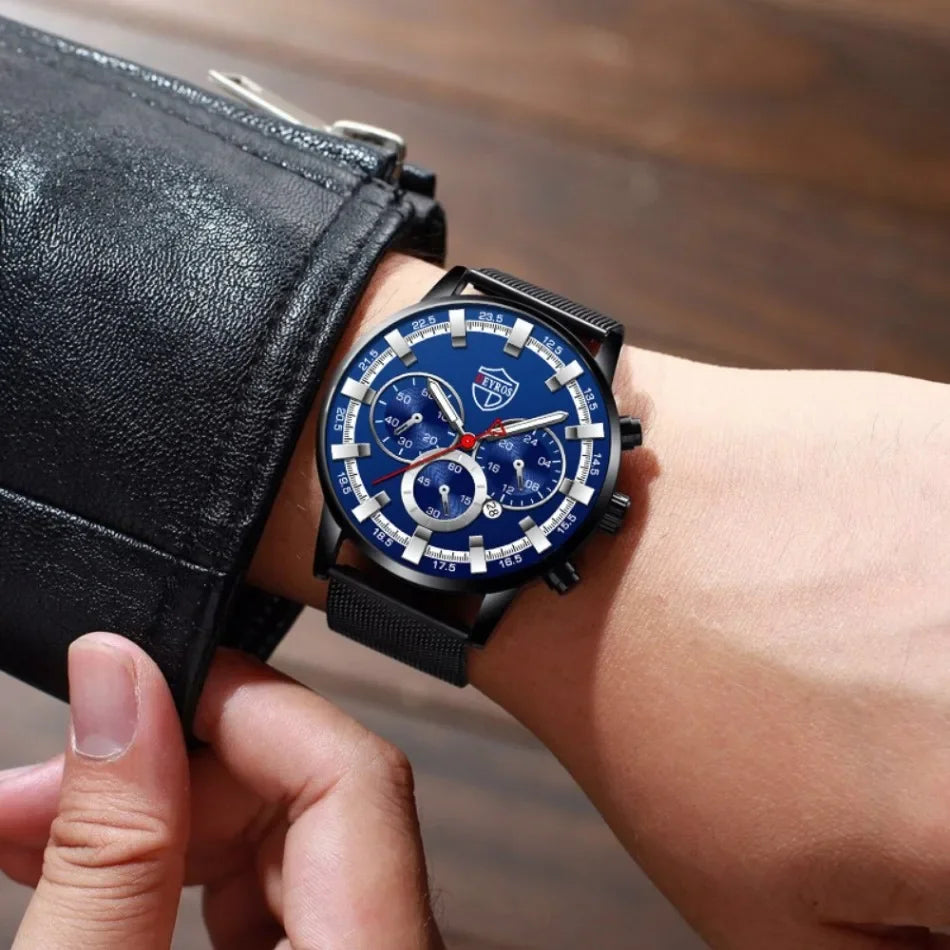 DEYROS Luxury 1/6 Pcs/ Set Men's Watch Set Quartz Outdoor Mesh Alloy Strap Trendy Style Men's Watches Gift Ideas