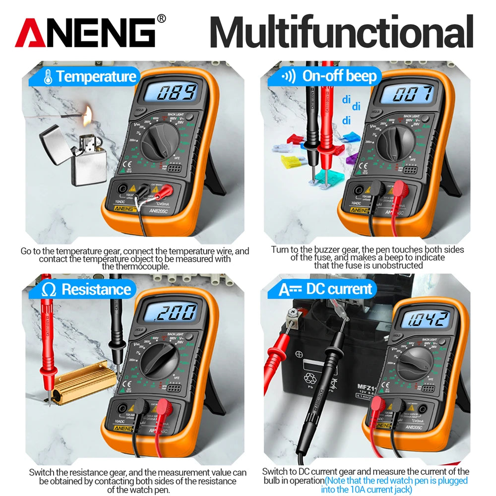 Digital Multimeter Professional ANENG AN8205C AC/DC Voltage Meter DC Current Resistance Diode -40℃~1000℃ LCD Backlight Tester