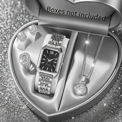 5PCS/Set Elegant Rectangle Women Watches Fashion Roma Dial Ladies Quartz Wristwatch Rhinestone Jewelry Set（Without Box）