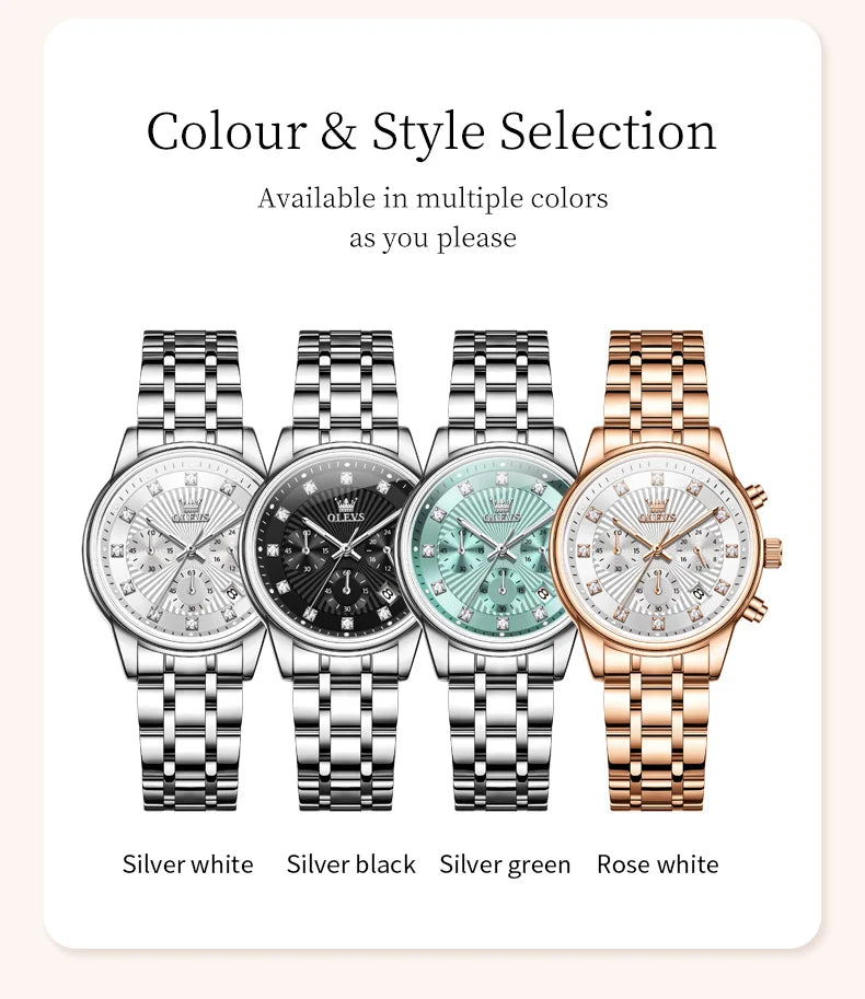 OLEVS 3669 Original Chronograph Quartz Wristwatch for Lady Calendar Waterproof Steel Strap Elegant Dress Women's Watches