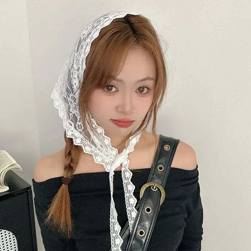 Lace Trim Bandana Triangle Scarf Delicate Ins Ruffled Lace Hair Scarf 2-in-1 Head Band Waist Accessory for Y2K Outfits Headscarf
