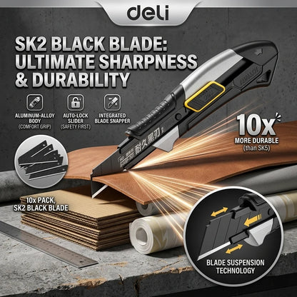 Pro Aluminum Cutter 18mm SK2 Black Blade Thick 0.6mm Rubber Grip Sharp Box Knife + 10pcs Blades Set Heavy Duty DIY Tool