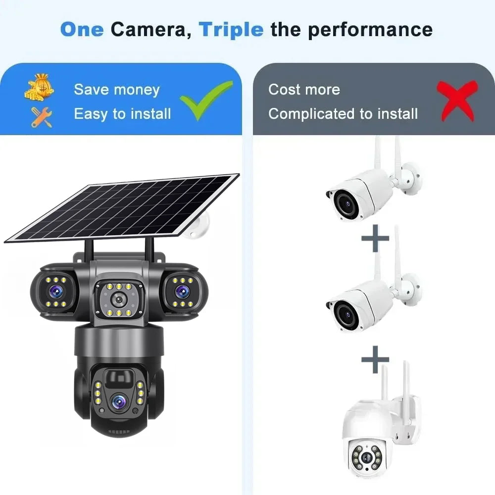 15MP IP Wifi Camera Solar Camera Outdoor 3 Lens 3 Screen 10X Zoom PIR Human Detect Cameras Night Vision CCTV Security Protection