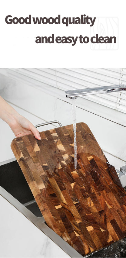 Large Acacia Wood Cutting Board, Checkerboard End Grain Butcher Block, Thick Reversible Wooden Chopping Board with Metal Handle