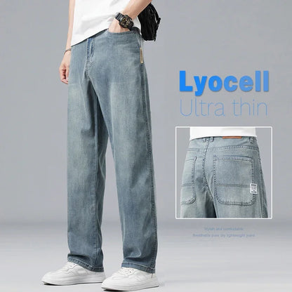 Lyocell Ultra-thin Summer Men's Jeans Elastic Ice Silk Drape Soft Loose Pants Straight Casual Denim Male Clothing Trousers