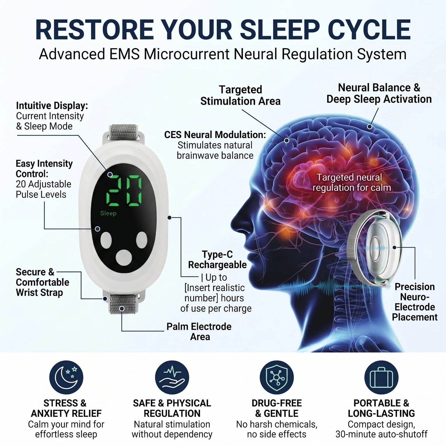 Microcurrent EMS Sleep Aid Device Handheld Pulse Massager Insomnia Stress Anxiety Relief Relaxation Therapy Tools USB Deep Sleep
