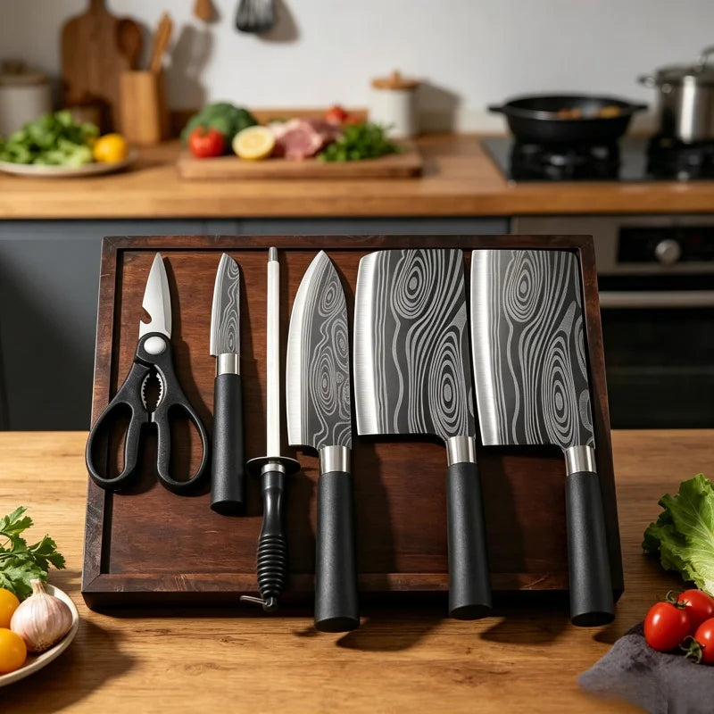 Laser Damascus Pattern Utility Kitchen Knives Set, Stainless Steel Sharp Slicing Chef Knife, Scissors & Sharpening Rod Cooking T