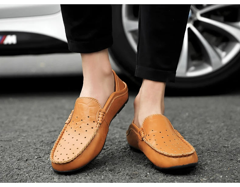 Men's Driving Shoes Large Size Loafers Hollow out Casual Bean Bean Shoes Leather Slip-On Footwear for Men