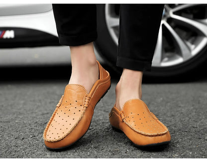Men's Driving Shoes Large Size Loafers Hollow out Casual Bean Bean Shoes Leather Slip-On Footwear for Men