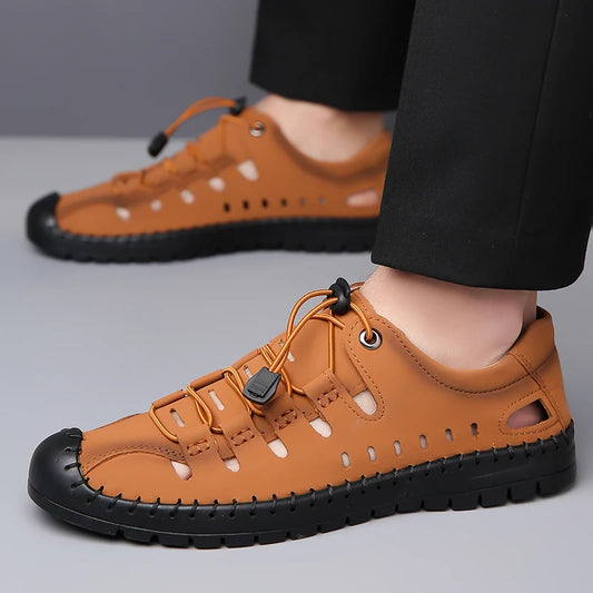 Men's Summer New Hollow out Breathable Leather Sandals Outdoor Anti-Slip Soft Bottom Casual Cover Toe Slip-On Shoes-8025