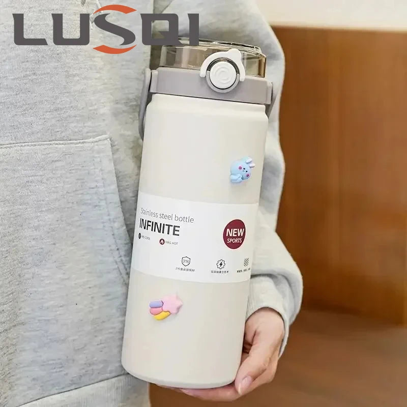 LUSQI Water Bottle Large Capacity 316 Stainless Steel Thermos With Handle & Straw For Outdoor