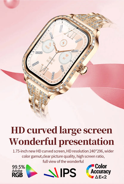 LIGE Fashion Design Women Smart Watch 1.75" Curved Screen Smartwatch Bluetooth Call Clock IP68 Waterproof Diamond Case Bracelet