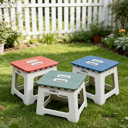 Portable Folding Footstool Stool - Lightweight Sturdy Plastic Square Step Stool with Anti-Slip Base & Handle, Compact Design