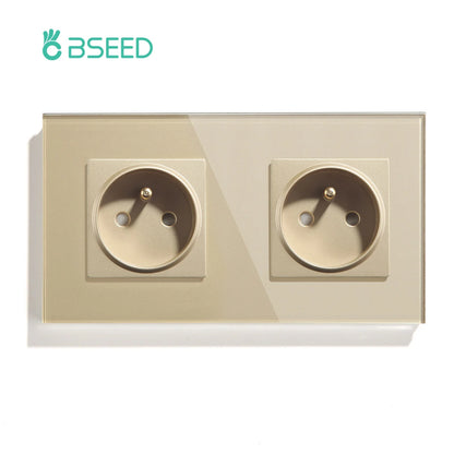 BSEED France Standard Single Wall French Socket Double Power Plug With White Black Gloden Crystal Glass Panel 16A 110V-250V