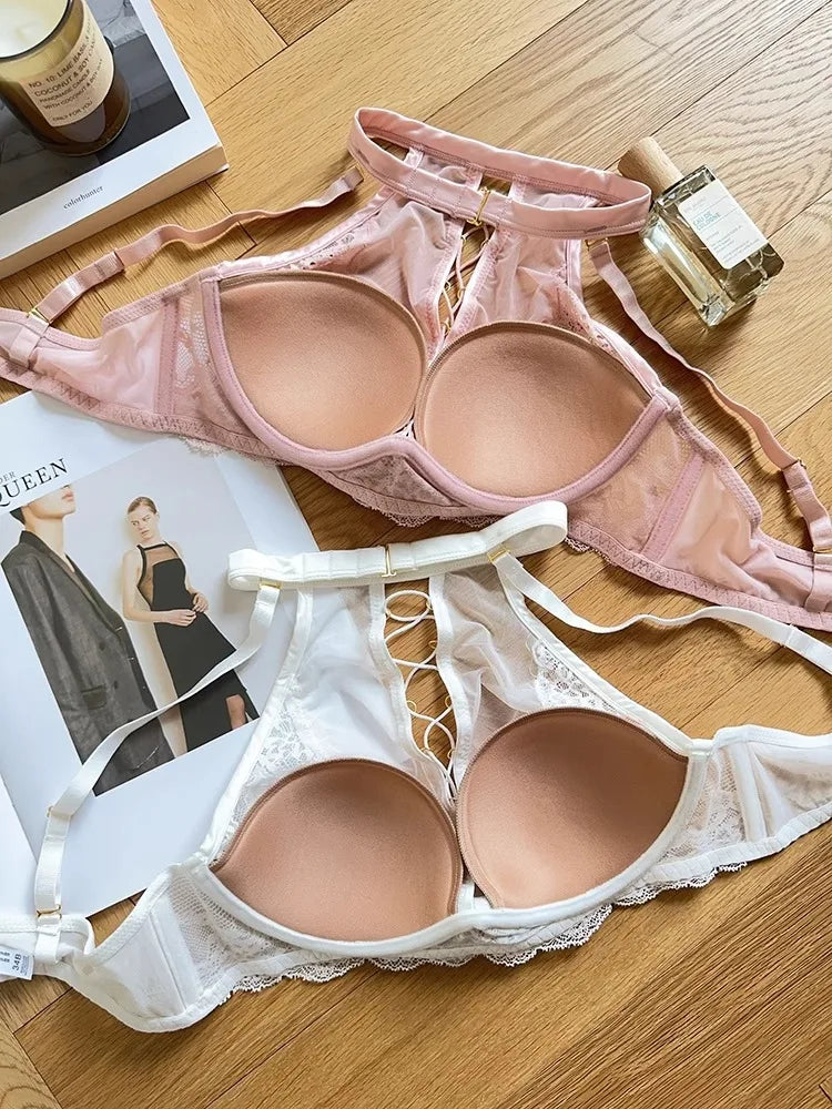 Luxury French Lace Halter Bra Small Chest Push-Up Sheer Bralette Seductive Allure Black Lingerie Set Wire-Free Comfort MOYISU AB