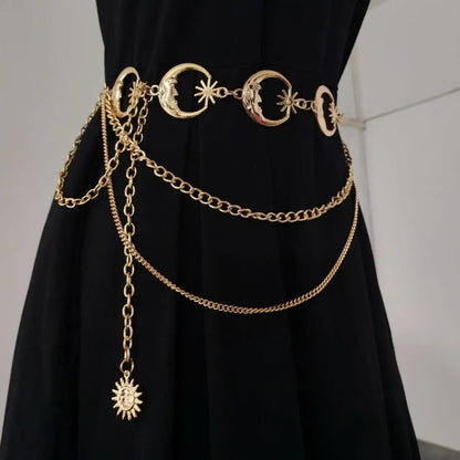 Fashion Golden Tassel Waist Chain Belt Female Bohemian Metal Punk Goth Moon Designer Belts for Women High Quality Dress Chains