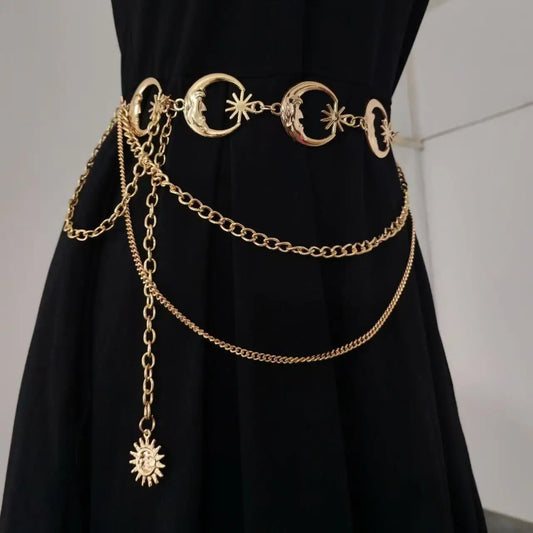 Fashion Golden Tassel Waist Chain Belt Female Bohemian Metal Punk Goth Moon Designer Belts for Women High Quality Dress Chains