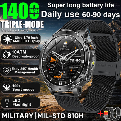 2026 Nowy Wojskowy CZOŁG Smartwatch Połączenia Bluetooth Wodoodporność 10ATM Bateria 1400mAh Monitorowanie Tętna Zegarek Sportowy Outdoor Męski