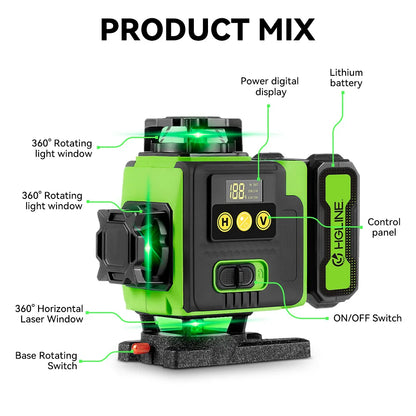 HGLINE 16 Lines Laser Level APP Remote Control Horizontal Vertical Levels Machine Power Display Laser Leveling With 100cm Tripod