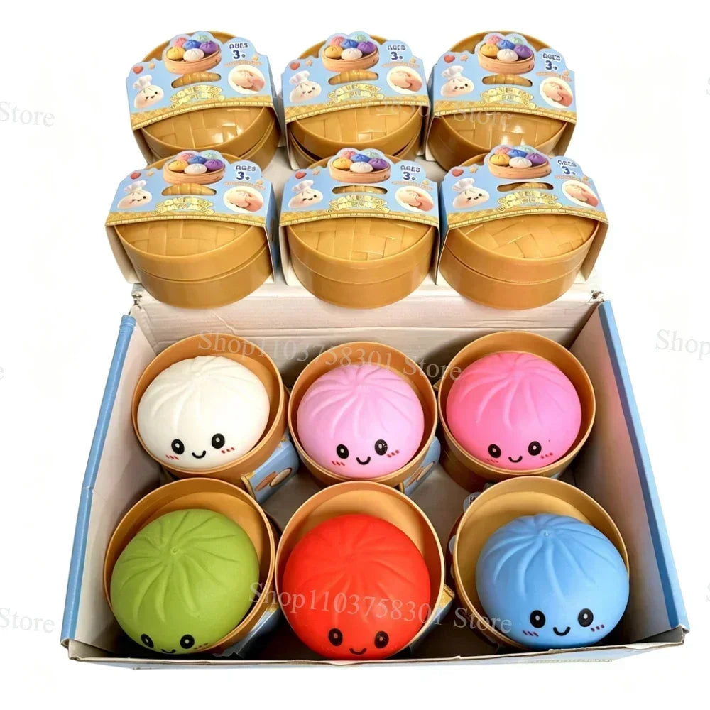 Colorful Dumpling Squishes Stress Balls Fidget Sensory Toys Simulation Food Squishies Bun with Steamer Squeeze Dough Ball Gifts