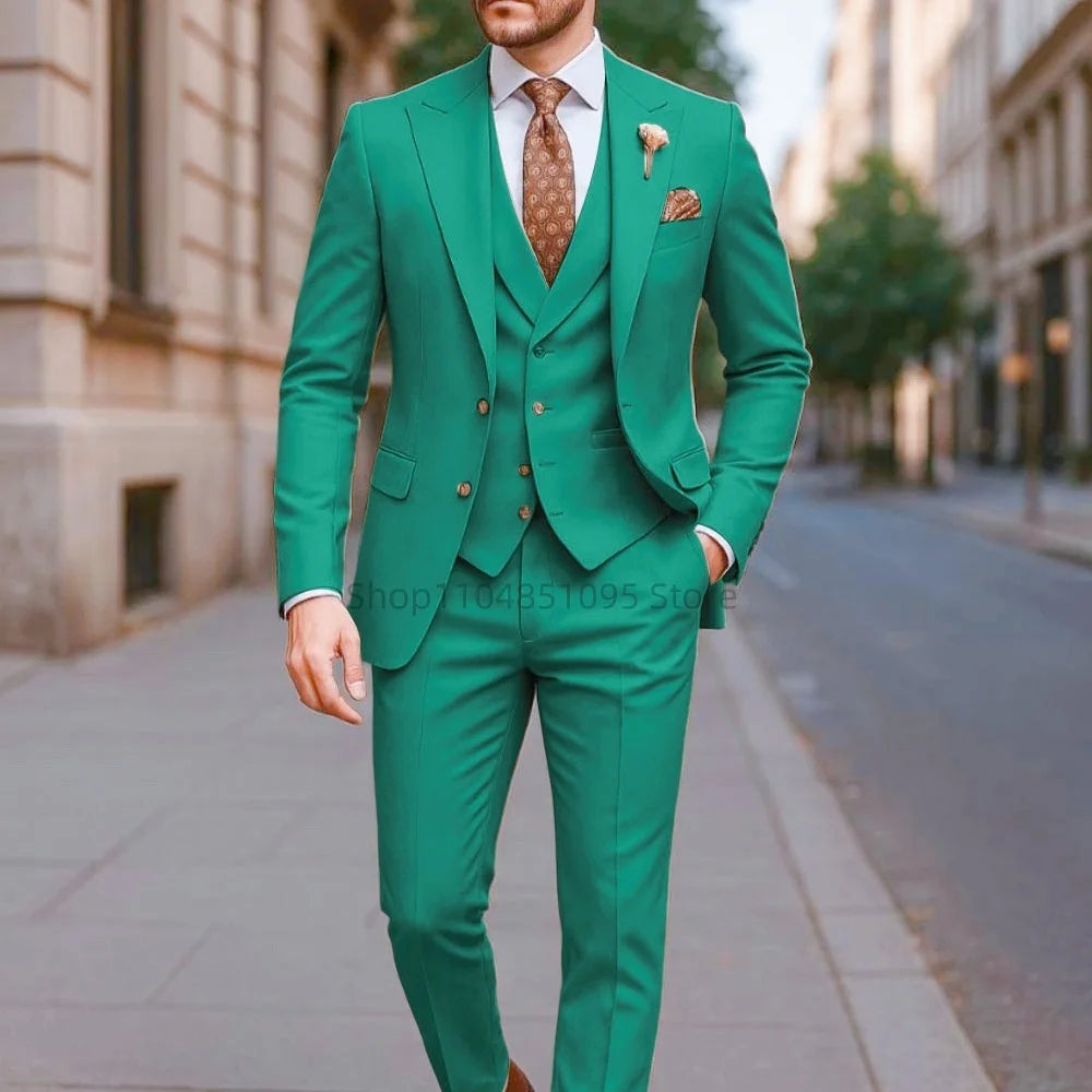 High Quality 3 Piece Yellow Men Suits Peak Lapel Slim Fit Men Clothing Elegant Wedding Jacket Vest Pants Sets for Business Party