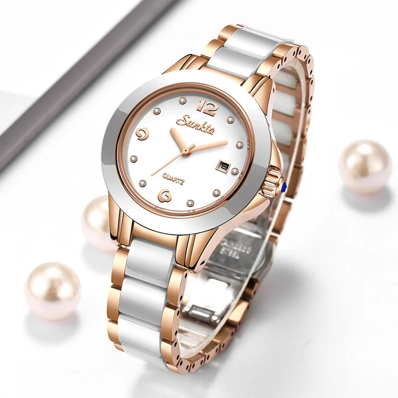 LIGE Brand SUNKTA Fashion Casual Woman Watch Ceramic Simple Bracelet Quartz Ladies Watches Date Waterproof Women's Wristwatches