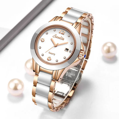 LIGE Brand SUNKTA Fashion Casual Woman Watch Ceramic Simple Bracelet Quartz Ladies Watches Date Waterproof Women's Wristwatches
