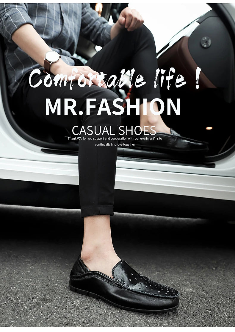 Men's Driving Shoes Large Size Loafers Hollow out Casual Bean Bean Shoes Leather Slip-On Footwear for Men