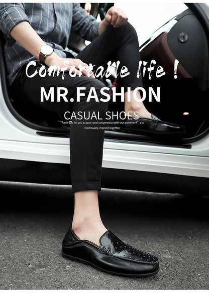 Men's Driving Shoes Large Size Loafers Hollow out Casual Bean Bean Shoes Leather Slip-On Footwear for Men