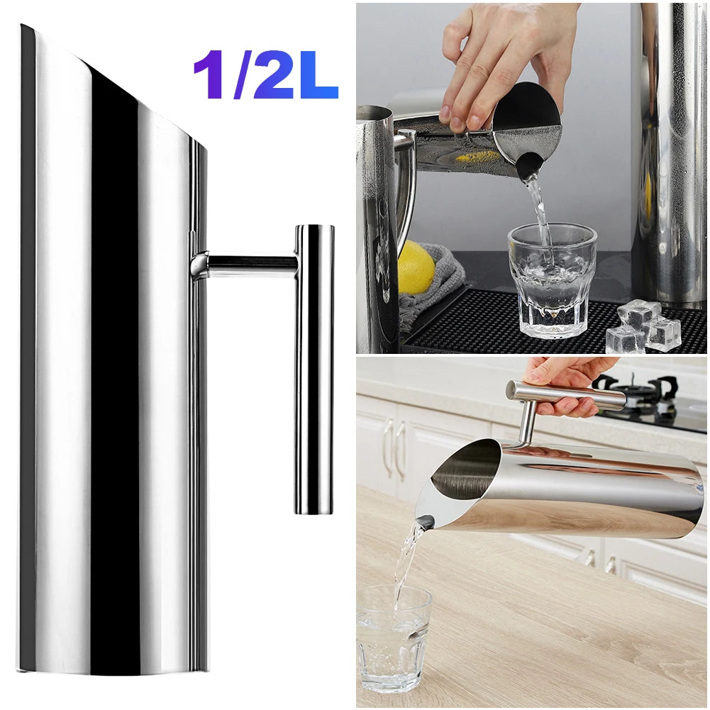 1/2L Kitchen Cold Wine Pitcher Stainless Steel Wine Juice Water Jug Ice Cold Freeze Water Pot Kettle for Restaurant Cafe Mix Bar