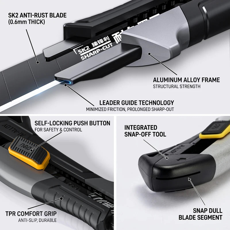 Pro Aluminum Cutter 18mm SK2 Black Blade Thick 0.6mm Rubber Grip Sharp Box Knife + 10pcs Blades Set Heavy Duty DIY Tool