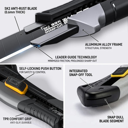 Pro Aluminum Cutter 18mm SK2 Black Blade Thick 0.6mm Rubber Grip Sharp Box Knife + 10pcs Blades Set Heavy Duty DIY Tool