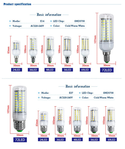 LED Bulb Lamp E27 E14 220V Corn Light Bulbs 24 36 48 56 69 72Leds 5730SMD Lampada Led Diode Lamps Energy Saving Lights for Home