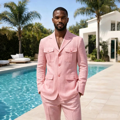 Linen Summer Safari Suits For Men 2 Pieces Separates Blazer Pants Set Casual Outfit For Beach Wedding Prom Party Man Suit